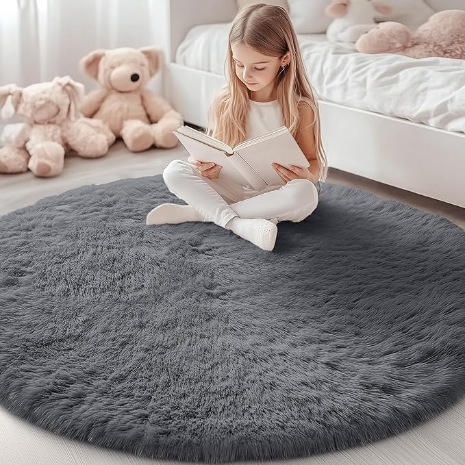 OLANLY Grey Round Rugs for Bedroom - Machine Washable, 5 ft Circle Area Rugs for Living Room, Soft and Fluffy Shaggy Carpet for Teen Girls and Boys, Nursery Rooms, Dorms, Home Decor Aesthetic