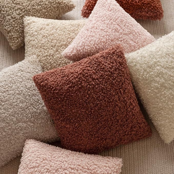 Foindtower Set of 2 Curly Teddy Wool Pillow Covers Decorative Boucle Textured Lumbar Throw Pillow Faux Fur Sherpa Pillowcases Sheepskin Fuzzy Cushion Case for Sofa Bedroom Car 12"x20" Light Pink