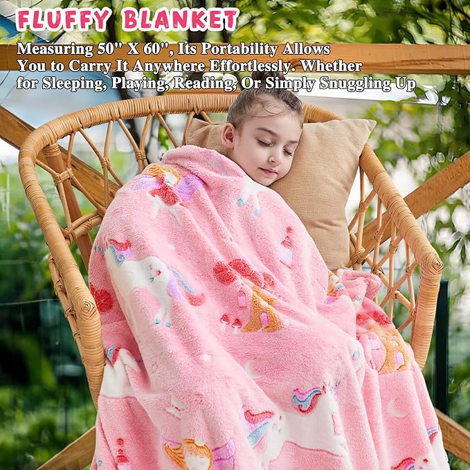 inhand Unicorn Toys Glow in The Dark for Blanket,Unicorn Gifts for Girls Age 1 2 3 4 5 6 7 8 9 10 11 12 13 Birthday Halloween Christmas Cute Soft Room Decor Kids Blanket Pink 50"X60"