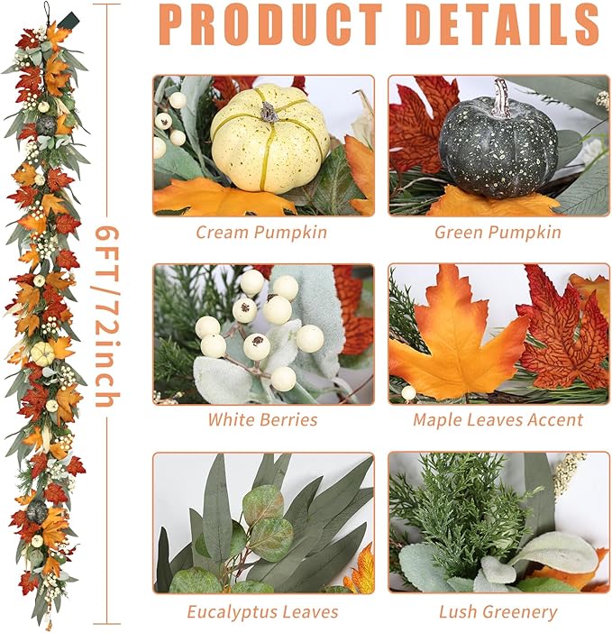 Realistic Fall Garland for Mantle 6 Ft Fall Maple Leaves Garlands with Lights/Timer Pumpkin Garland for Thanksgiving Outdoor Indoor Table Fireplace Autumn Decor Fall Decorations for Home Porch