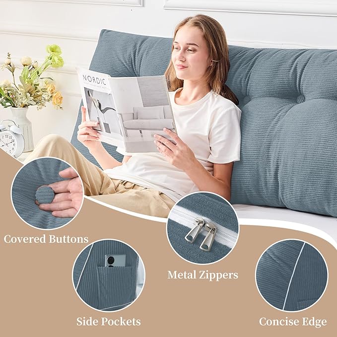 Sasttie Headboard Pillow King, Wedge Pillow Headboard for Sitting Up in Bed, Back-Rest Support Triangular Cushion for Reading - Features Removable Washable Cover, Greyish Blue