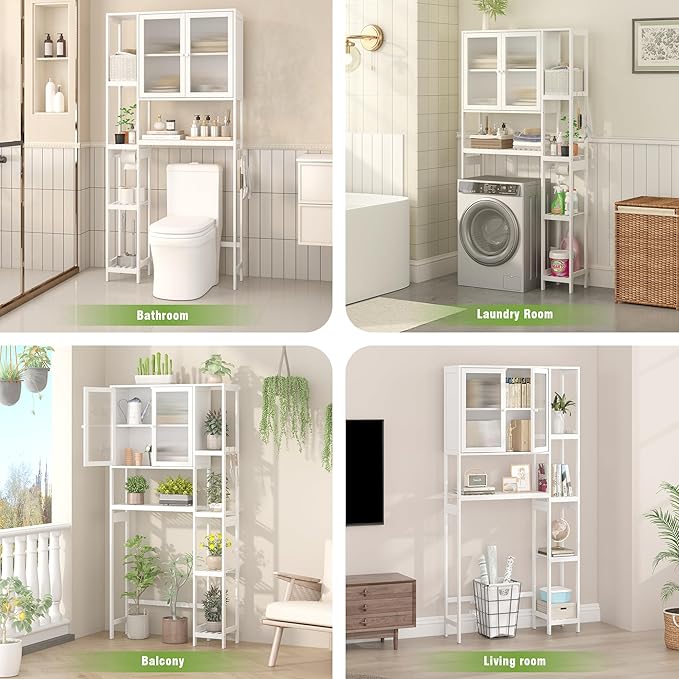 Over The Toilet Storage Cabinet Above Toilet Bathroom Organizer with Toilet Paper Holder Stand Bath Organizer with Adjustable Shelves & Acrylic Doors,Anti-Tip Device (White, 3 Tiers with Cabinet)