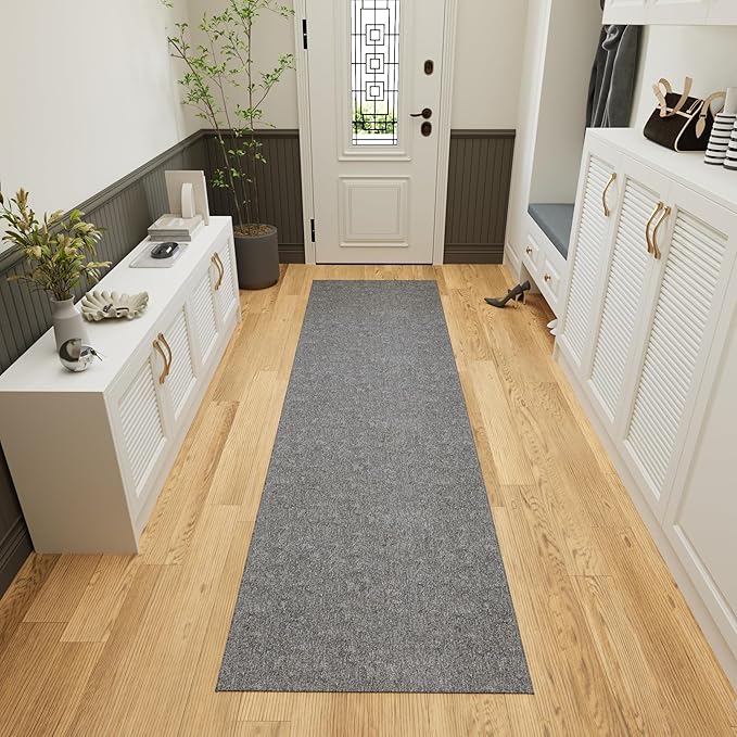 Ottomanson 2'7" x 55' Ultra-Thin Hallway Runner Rug - Durable Non-Slip Carpet for High-Traffic Areas - Fits Under Doors for Seamless Entry - Ideal for Kitchen, Entryway, Bedroom & Living Room, Gray