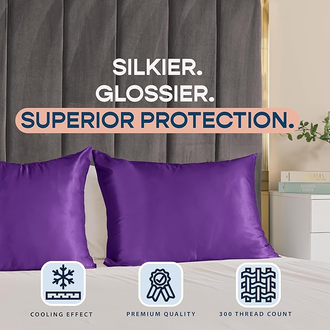Purple Satin Pillowcase with Zipper, for Hair and Skin Care, Feels Soft and Cool Like a Silk Pillowcase, Satin Pillow Cases 2 Pack, Slik Pillow Cover, Grape/Purple, Standard - Set of 2