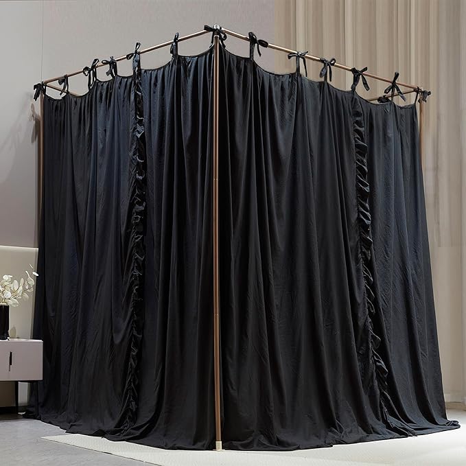 4 Corners Post Princess Curtain Bed Canopy Double Layer Cozy Mosquito Net Mesh and Cloth for Girls Adults Bedroom Decoration (Double-Black/Black, 78" W*86" L*82"*H/(King))