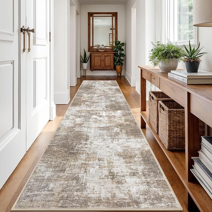 IOHOUZE Abstract Runner Rug 3x12 Ft Washable Runners for Hallways, Non Slip Kitchen Runner Printed Faux Wool Entryway Runner Indoor, Modern Abstract Floor Carpet for Hall Kitchen, Beige Brown