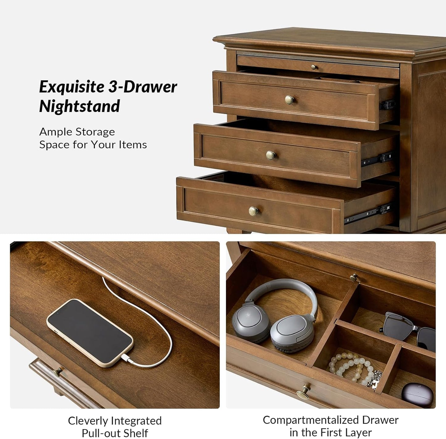HULALA HOME Farmhouse 3 Drawer Nightstand with Tray, Drawer Organizer with Solid Wood Legs, Nightstand with Charging Station(Set of 2, Walnut)