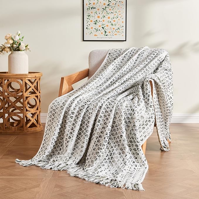 lifein Throw Blanket for Couch - Boho Throw Blanket, Knit Woven Blanket, Soft Decorative Blankets&Throws with Tassels for Bed,Sofa,Chair,Home Decor (Green, 50 * 60, Braid)