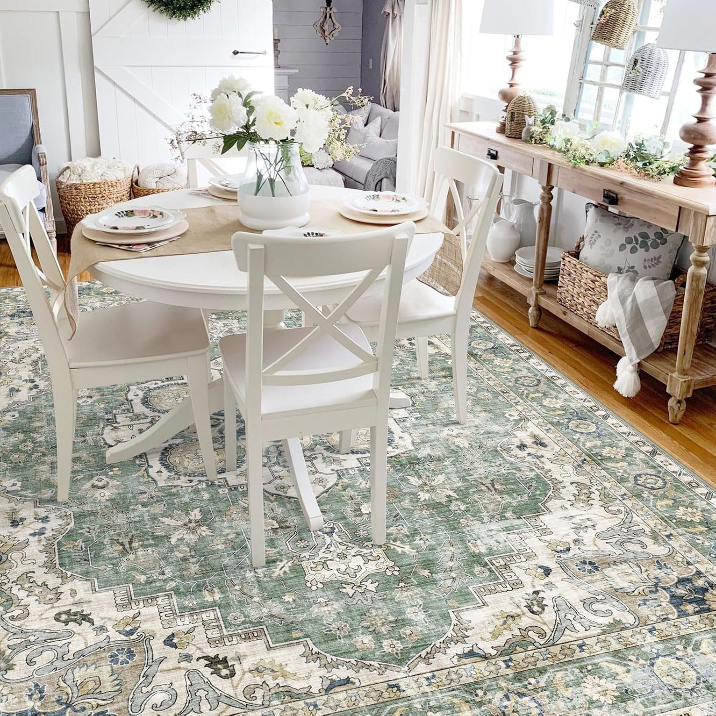 Washable Area Rug 5x7 - Boho Living Room Rug Stain Resistant Soft Bedroom Rug Ultra-Thin Sage Green Vintage Oriental Farmhouse Dining Room Rugs for Under Table Indoor Carpet for Living Room