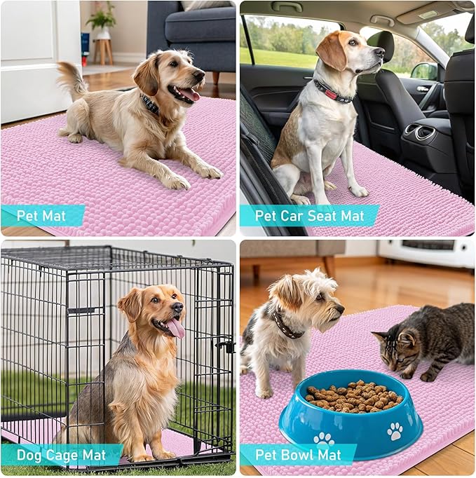 OLANLY Dog Door Mat for Muddy Paws 36x24, Absorbs Moisture and Dirt, Absorbent Non-Slip Washable Doormat, Quick Dry Chenille Mud Mat for Dogs, Entry Indoor Entryway Carpet for Inside Floor, Pink