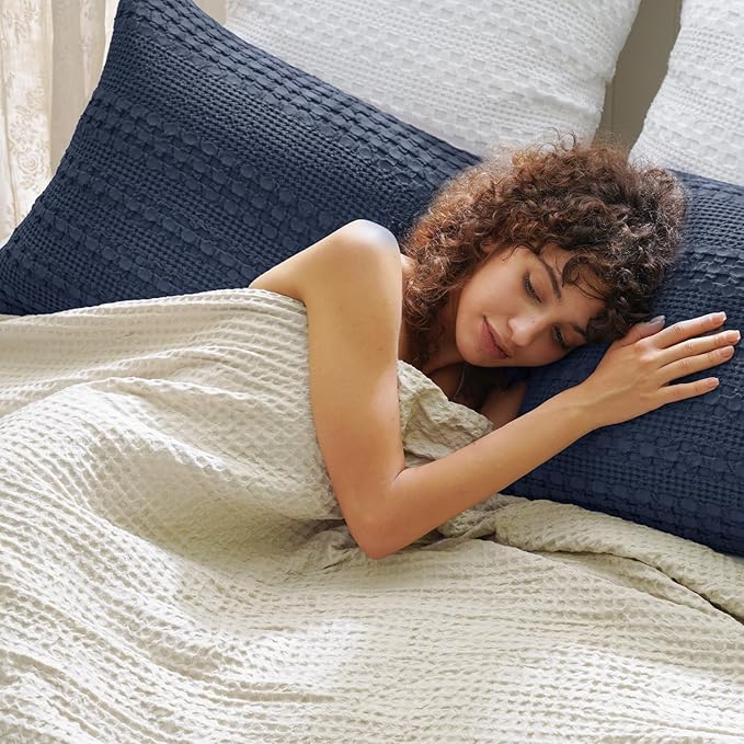 PHF 100% Cotton Waffle Pillow Shams Standard Size, 2 Pack 20" x 26" Soft Skin-Friendly Pillowcases, No Filling, Aesthetic Woven and Breathable Waffle Weave Pillow Case Covers for Bed, Dark Navy