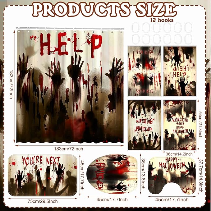 8 Pcs Halloween Help Me Shower Curtain Set for Bathroom Include Scary Ghost Shadow Bloody Hands Shower Curtain Towels Non Slip Rugs Toilet Lid Cover Bath Mat and 12 Hooks for Bathroom Decor