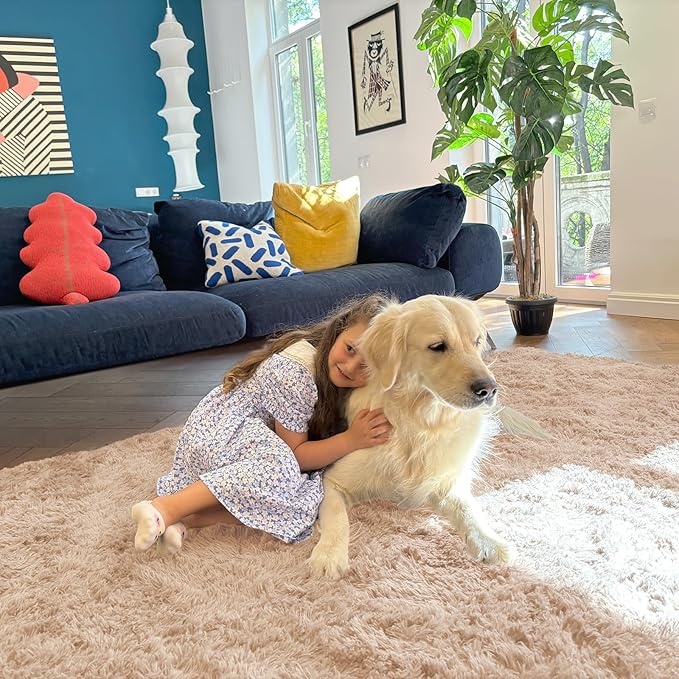 OLANLY 9x12 Machine Washable Large Area Rugs for Living Room, Bedroom, Soft Fluffy Shaggy Bedside Rug, Indoor Floor Carpet for Kids Girls and Boys, Dorms, Nursery, Home Decor Aesthetic, Beige