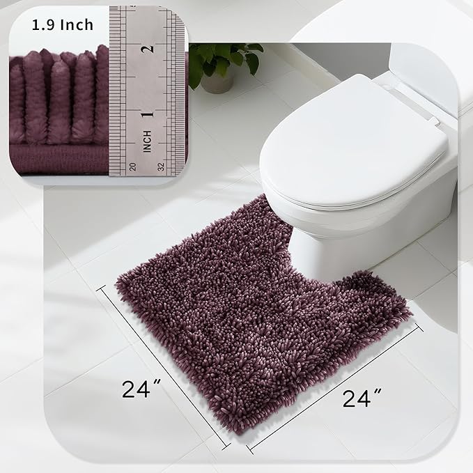 Yimobra Toilet Rugs U Shaped Washable, Extra Thick Soft Absorbent Chenille Contour Bathroom Rugs for Toilet 24x24 Inch, Quick Dry Non Slip Toilet Mat for Bath Floor, Purple Grey