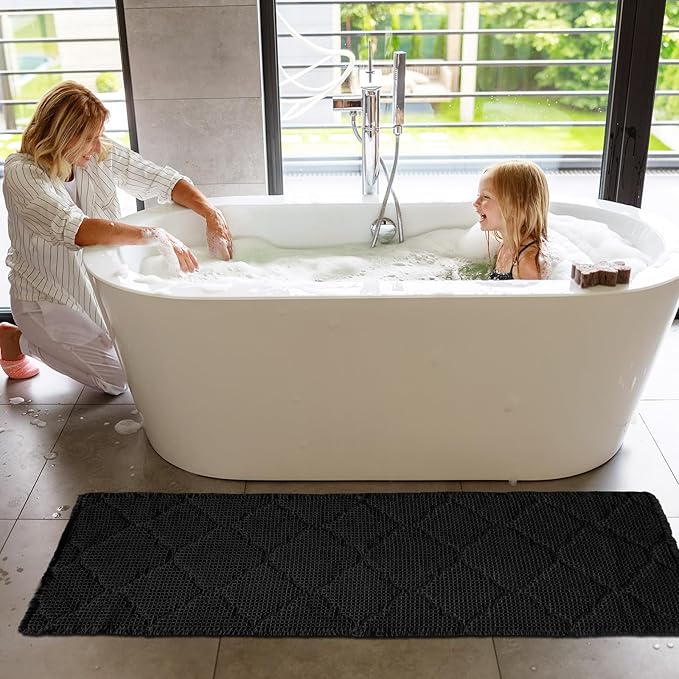 ZALL Black Waffle Bath Mat,Super Absorbent Non Slip Bathroom Rug,Brown 24X72 inch, Geometric Diamond Machine Washable Ultra Soft Floor Mats