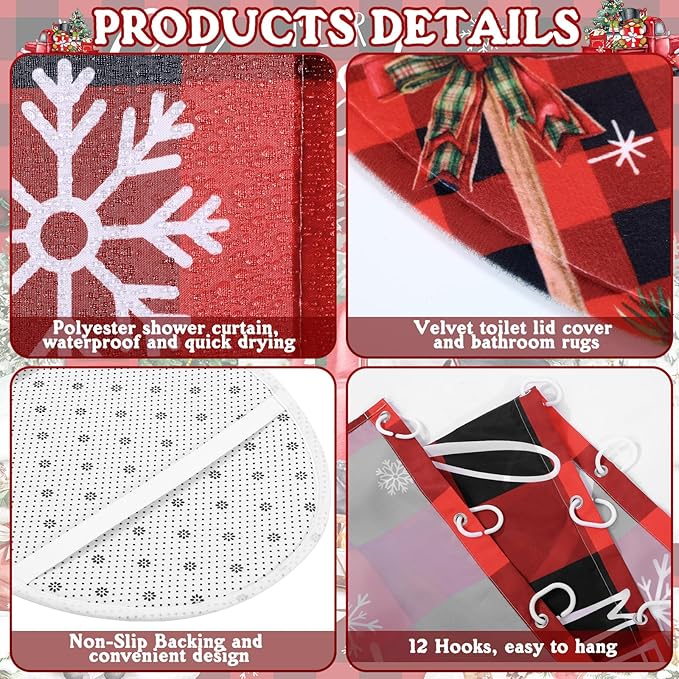 8 Pcs Christmas Shower Curtain Set Xmas Santa Bathroom Decoration Christmas Tree Hand Towels Snowman Toilet Lid Cover Bathroom Rugs Xmas Shower Curtain with Hooks(Buffalo Plaid)