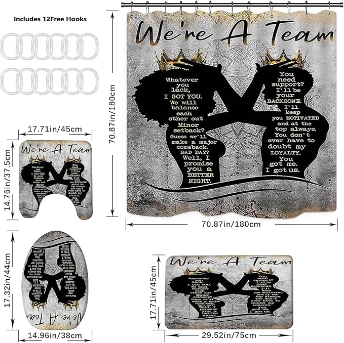 4 Pcs Black King Queen Shower Curtain Set, Inspirational Quotes Black Man Women Bathroom Decor Sets with Shower Curtain and Rugs Toilet Lid Cover Bath Mat, Romantic Waterproof Fabric Shower Curtains