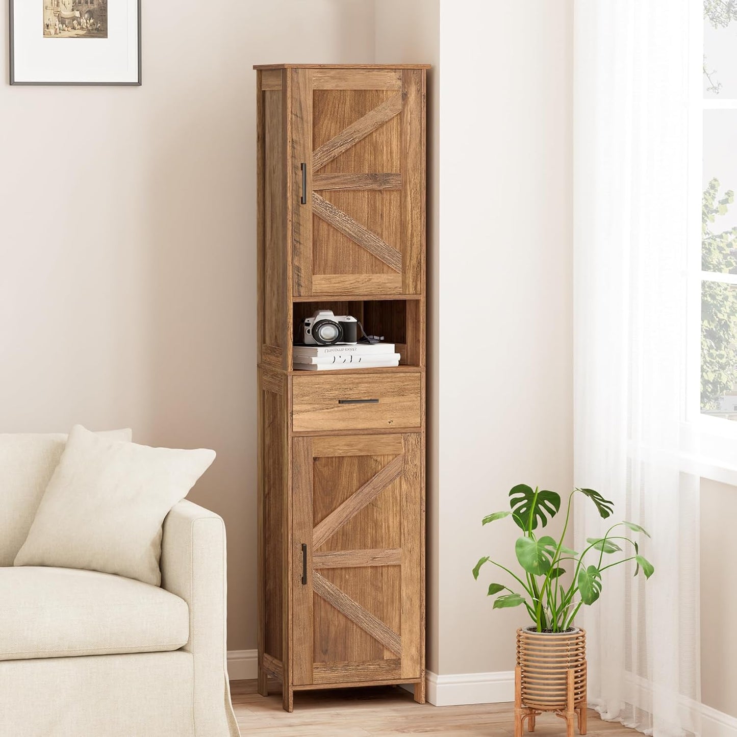 Homhedy 67" H Tall Bathroom Storage Cabinet with 2 Barn Doors and 1 Drawer, Narrow Storage Unit, Adjustable Shelves, Floor Cabinet for Bathroom, Living Room, Entryway, Kitchen, Rustic Walnut, (15.7"W)