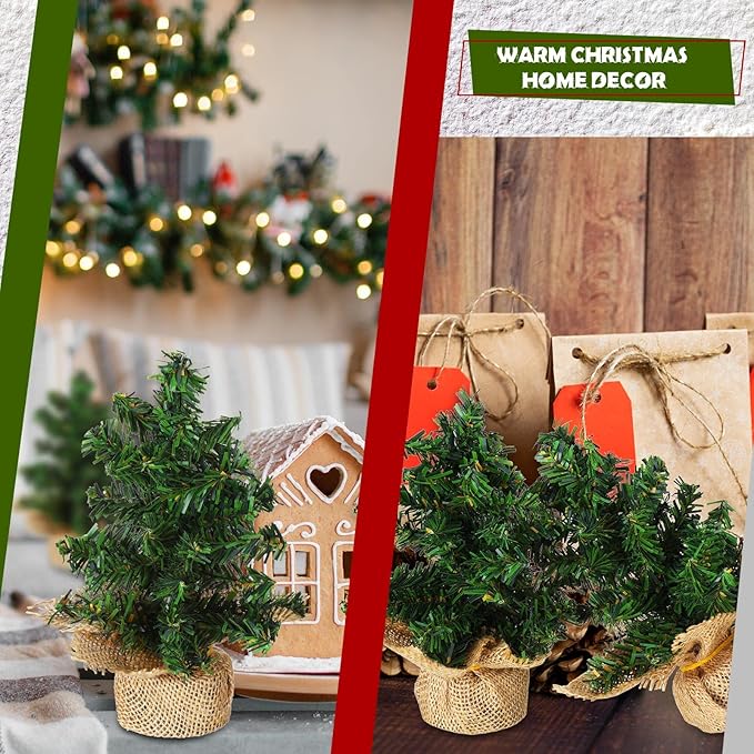Yinder Tabletop 6 Pcs Mini Christmas Tree 7.87 Inch Artificial Mini Xmas Miniature Pine Christmas Tree with Linen Base for Xmas Holiday Decorations Indoor Home Kitchen Dining Table