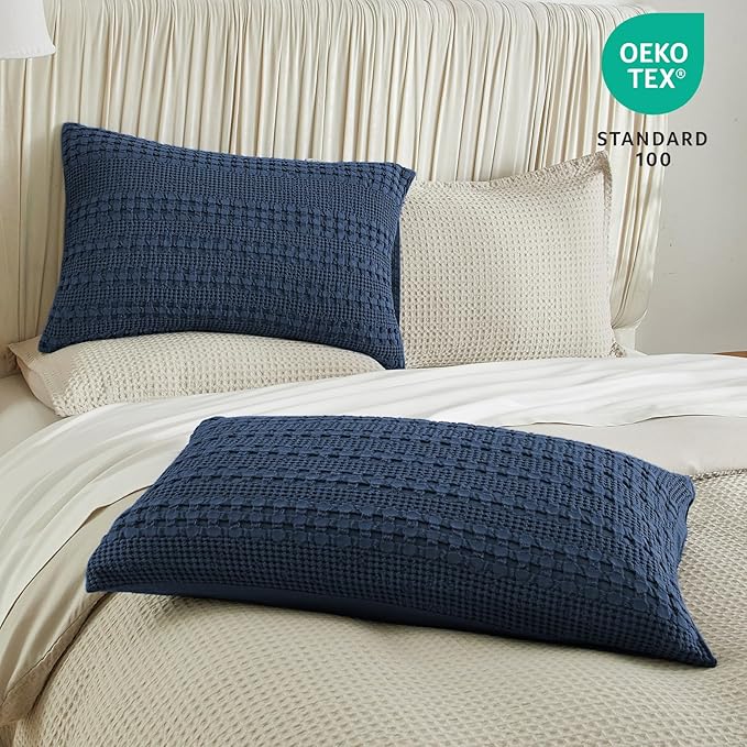 PHF 100% Cotton Waffle Pillow Shams Standard Size, 2 Pack 20" x 26" Soft Skin-Friendly Pillowcases, No Filling, Aesthetic Woven and Breathable Waffle Weave Pillow Case Covers for Bed, Bright Navy Blue