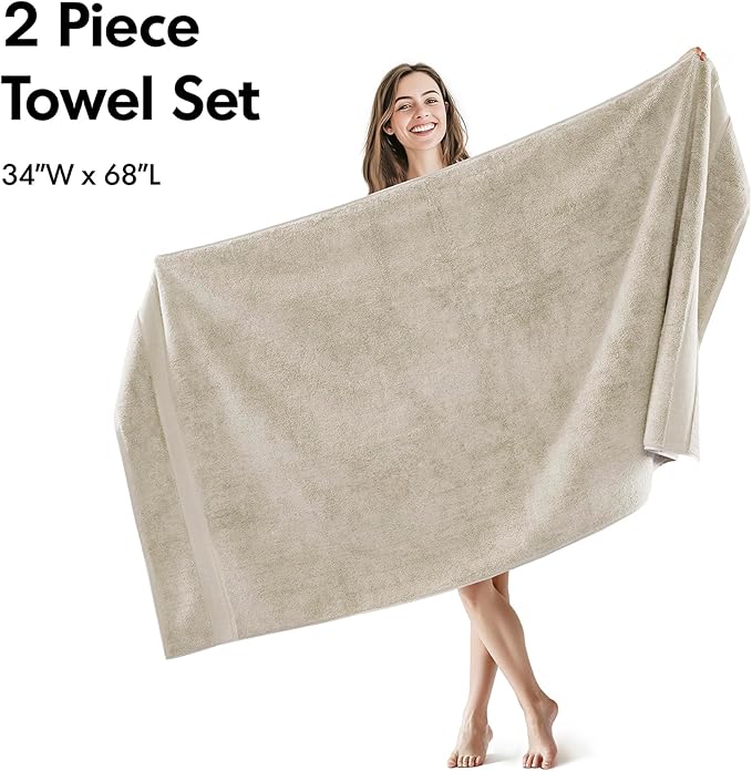 Madison Park 800GSM Bath Sheet Towel Oversized 34" x 68" 2 Pack 100% Cotton Bath Towel Set Highly Absorbent Hotel Spa Quality for Bathroom, Natural