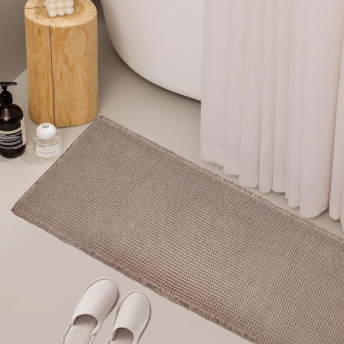 ZALL Tan Waffle Bath Mat,Super Absorbent Non Slip Long Bathroom Runner Rug,Brown 24X60inch,Machine Washable Ultra Soft Floor Mats