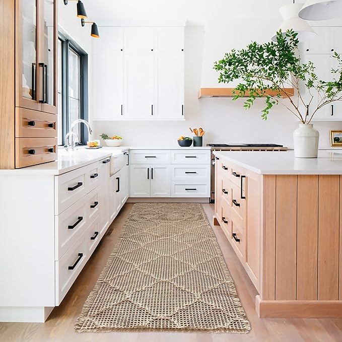 ZALL Tan Waffle Bath Mat,Super Absorbent Non Slip Bathroom Rug,Brown 24X72 inch, Geometric Diamond Machine Washable Ultra Soft Floor Mats