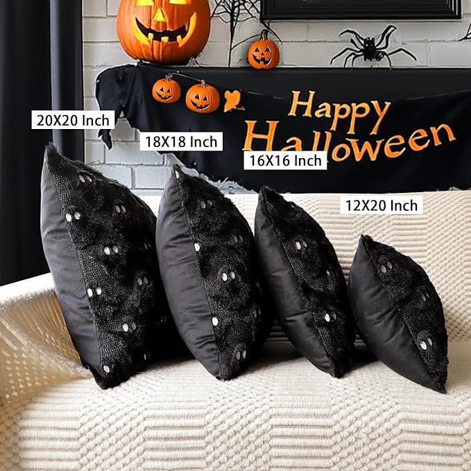 4TH Emotion Halloween Ghost Decorative Lumbar Pillow Covers 12x20 Set of 2, Black Soft Plush Faux Fur Farmhouse Throw Cushion Cases for Fall Autumn Holiday Home Decorations