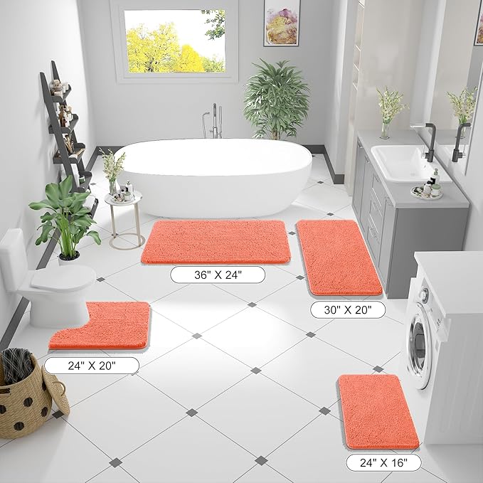 OLANLY Bathroom Rugs 40x32, Extra Soft Absorbent Chenille Bath Rugs, Rubber Backing Quick Dry, Machine Washable Bath Mats for Bathroom Floor, Tub and Shower, Home Decor Accessories, Coral