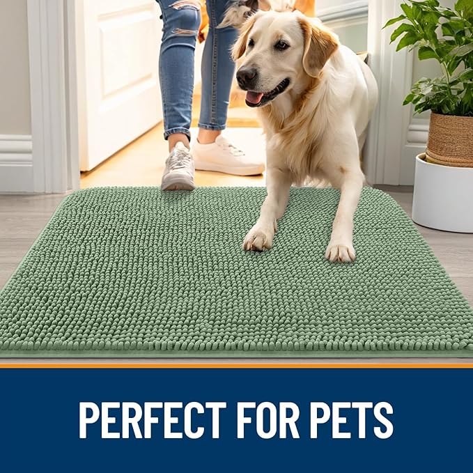 OLANLY Dog Door Mat for Muddy Paws 36x24, Absorbs Moisture and Dirt, Absorbent Non-Slip Washable Doormat, Quick Dry Chenille Mud Mat, Entry Indoor Entryway Carpet for Inside Floor, Olive Green