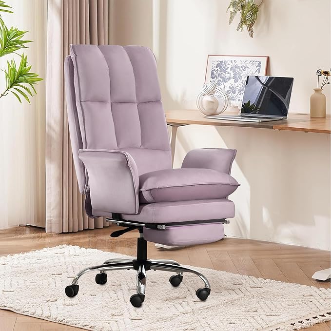 Office Chair, Modern Home Office Desk Chairs with Wheels and Retractable Footrest, Adjustable Backrest Velvet High Back Office Chair, Computer Chairs for Bedroom (Light Purple)