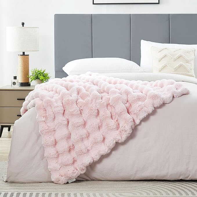 JONIYEAR Decorative Large Pink Bubble Faux Rabbit Fur Bed Blanket Full Size 70" x 80",Double Sided Soft Cozy Accent Warm Furry Blanket for Winter,Lovely Cute Big Washable Fuzzy Blankets for Women Girl