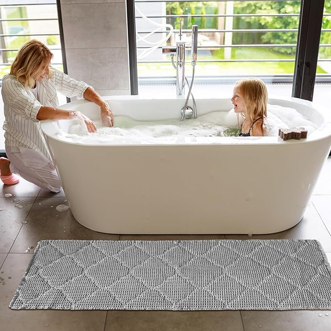 ZALL Waffle Bath Mat,Super Absorbent Non Slip Bathroom Rug,Grey 24X72inch, Geometric Diamond Machine Washable Ultra Soft Floor Mats Gray