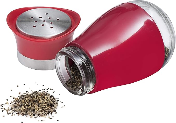 MITBAK Salt and Pepper Shakers (2-Pc. Set) Elegant w/Clear Glass Bottom | Compact Cooking, Kitchen and Dining Room Use | Classic, Refillable Design (Red)