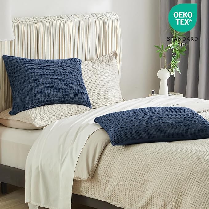 PHF 100% Cotton Waffle Pillow Shams Standard Size, 2 Pack 20" x 26" Soft Skin-Friendly Pillowcases, No Filling, Aesthetic Woven and Breathable Waffle Weave Pillow Case Covers for Bed, Bright Navy Blue