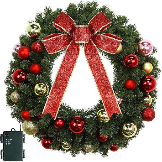 Juegoal 21 Inch Pre-Lit Christmas Wreath with Metal Hanger, Lighted Xmas Folded Wreath with 60 LED Lights, Red Bow and Colorful Balls, Battery Operated & Timer for Outdoor Home Window Wall Front Door