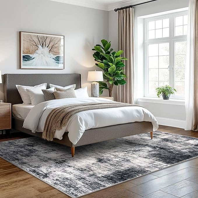 IOHOUZE Modern Abstract Area Rugs 5x7 Ft Washable Rugs for Living Room, Non Slip Dining Room Rug, Printed Faux Wool Rugs for Bedroom, Floor Carpet for Office Nursery Playroom, Black Grey