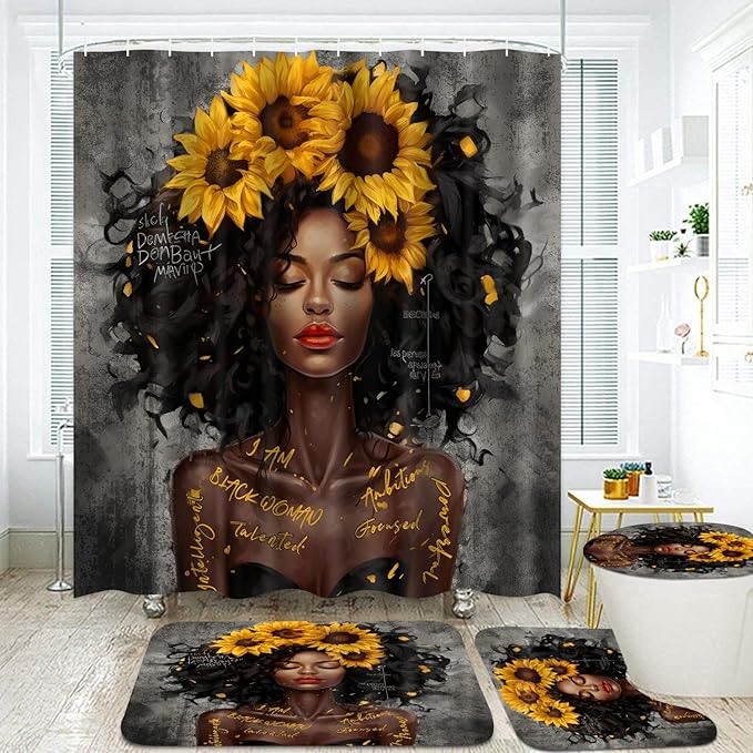 4 PCS Shower Curtain Set with Waterproof Shower Curtain, Non-Slip Bath Mat, Absorbent Rug, Toilet Lid Cover, Inspirational Quote Afrcia American Black Queen Halloween Bathroom Decor Set