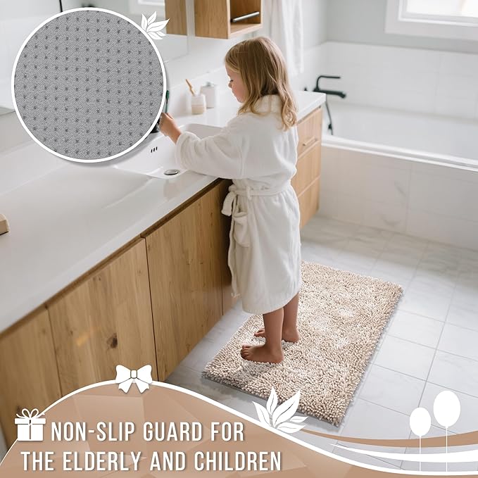 Yimobra Long Bathroom Rugs Runner 60x24 Inch, Extra Thick Soft Absorbent Chenille Bath Mat, Non Slip Machine Washable, Quick Dry Bath Rugs for Bathroom Floor, Tub and Shower, Khaki