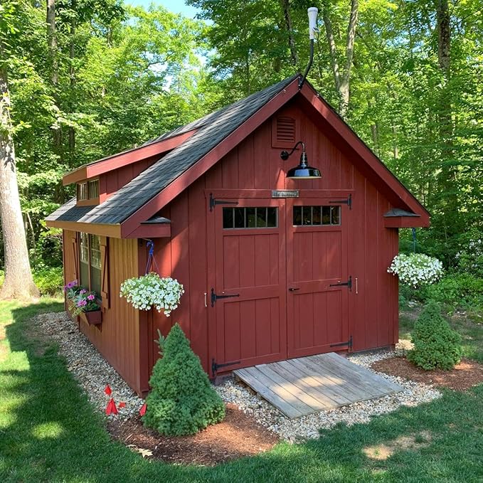 Steel Lighting Co. Gardena Barn Light | Outdoor Wall Mounted | 16" Dome | 11" Gooseneck | Farmhouse Light Made in America | Red Exterior/White Interior