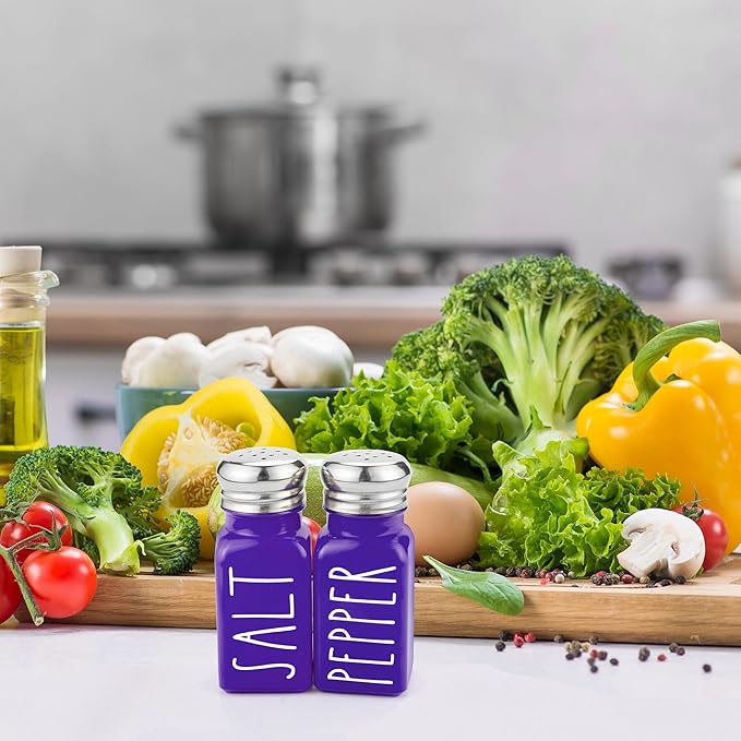 Purple Salt and Pepper Shakers Set by Brighter Barns - Modern Farmhouse Kitchen Decor and Accessories - Cute Salt and Pepper Set - Glass Shakers & Stainless Steel Lids for Home, Restaurants (Purple)