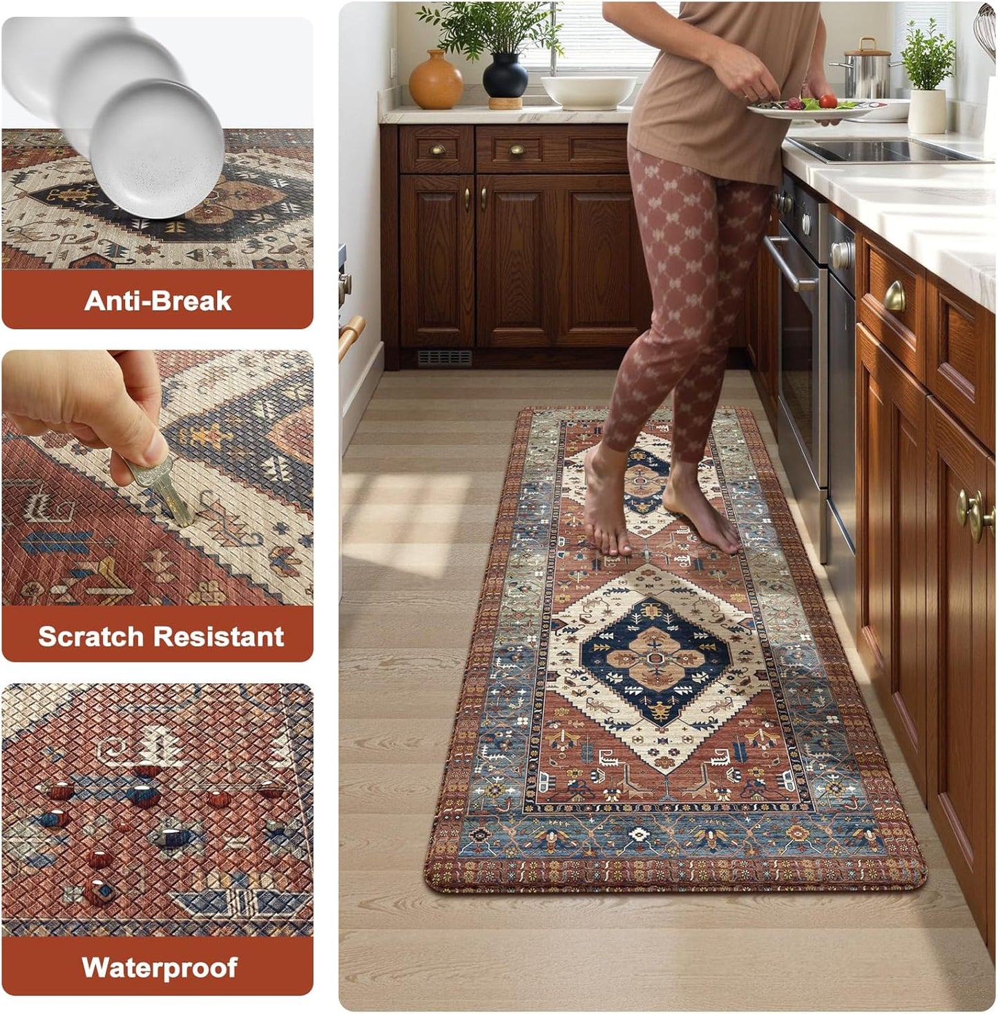 KIMODE Kitchen Mats Cushioned Anti Fatigue, Red Floral Kitchen Runner Rugs 24"x59", Boho Padded Kitchen Floor Mats Non Slip, Comfort Memory Foam Standing Mats for Laundry Office Sink Desk