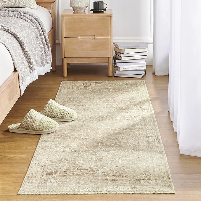 Neutral Farmhouse Hallway Rug Runner 2x6 Washable Non Slip Rubber Backing Vintage Modern Boho Runners Rugs for Entryway Indoor Kitchen Bathroom,Tan Brown and Cream Beige