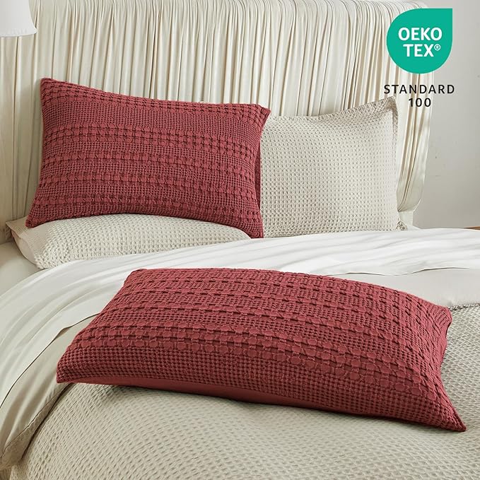 PHF Waffle Weave Pillow Shams King Size, 2 Pack 100% Cotton Pillowcases 20" x 36", No Insert, Soft & Breathable Aesthetic Woven Pillow Case Covers for Bedroom Decor, Wine Red
