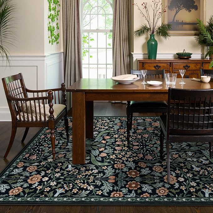 Lahome Floral Bedroom Rugs, 6x9 Black Area Rugs for Living Room, Boho Thin Stain Resistant Carpet for Dining Room, Washable Area Rug Non Slip for Guestroom