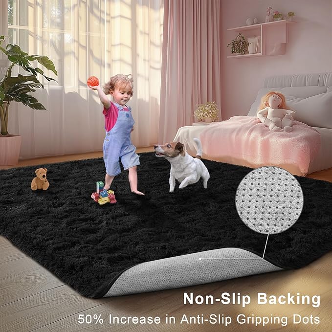 5x7 Black Fluffy Area Rugs for Bedroom, Soft Indoor Plush Rug for Living Room, Large Furry Fuzzy Shag Floor Carpet for Kids Nursery Boys Room Dorm Classroom Home Office Decor Mat
