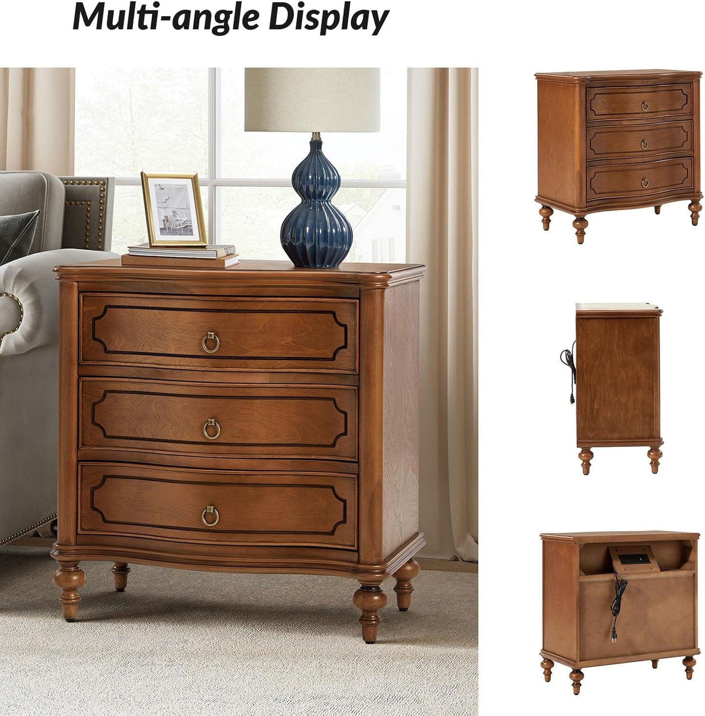HULALA HOME Wood Nightstand with Charging Station, 3 Drawer Traditional Nightstands, End Table with Solid Wood Legs for Bedroom, USB Ports & Three-Prong Plugs, Walnut