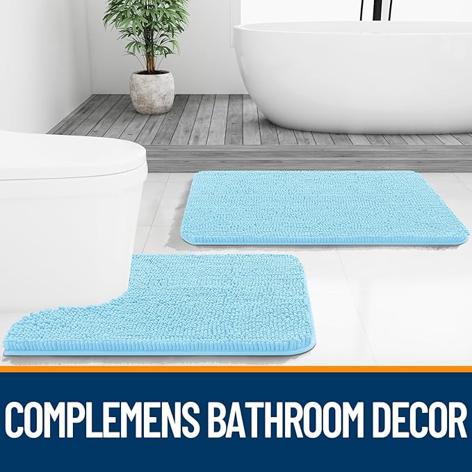 OLANLY Bathroom Rugs 44x24, Extra Soft Absorbent Chenille Bath Rugs, Rubber Backing Quick Dry, Machine Washable Bath Mats for Bathroom Floor, Tub and Shower, Home Decor Accessories, Sky Blue
