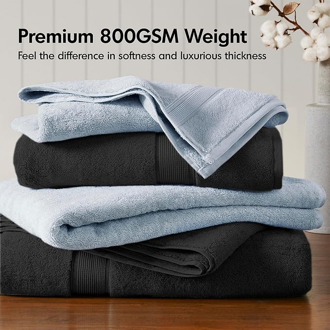 Madison Park 800GSM Bathroom Towel Set of 8 100% Cotton Bath Towel Set for Bathroom Luxurious Highly Absorbent 2 Bath Towels 2 Hand Towels 4 Washcloths Quick Dry Spa Quality Black