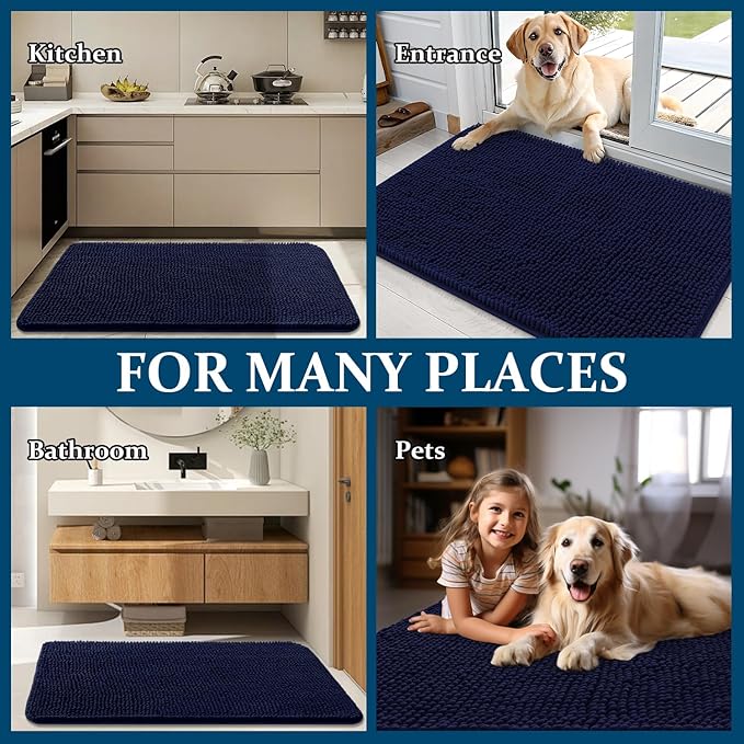 OLANLY Dog Door Mat for Muddy Paws 40x24, Absorbs Moisture and Dirt, Absorbent Non-Slip Washable Doormat, Quick Dry Chenille Mud Mat for Dogs, Entry Indoor Entryway Carpet for Inside Floor, Navy Blue